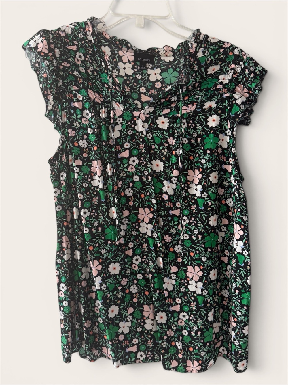 Talbots Black Floral Cap-Sleeve Blouse with Pink & Green Flowers